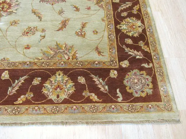 Alt view image 3 of 5 - Mint Green/Brown Hand Knotted Wool Traditional Agra Rug, Made in India