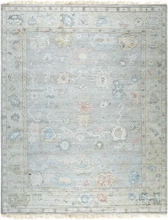 Alt view image 3 of 7 - Hand-Knotted Natural Silk Grey/Light Olive Classic Floral Natural Silk Oushak Rug, Made in India