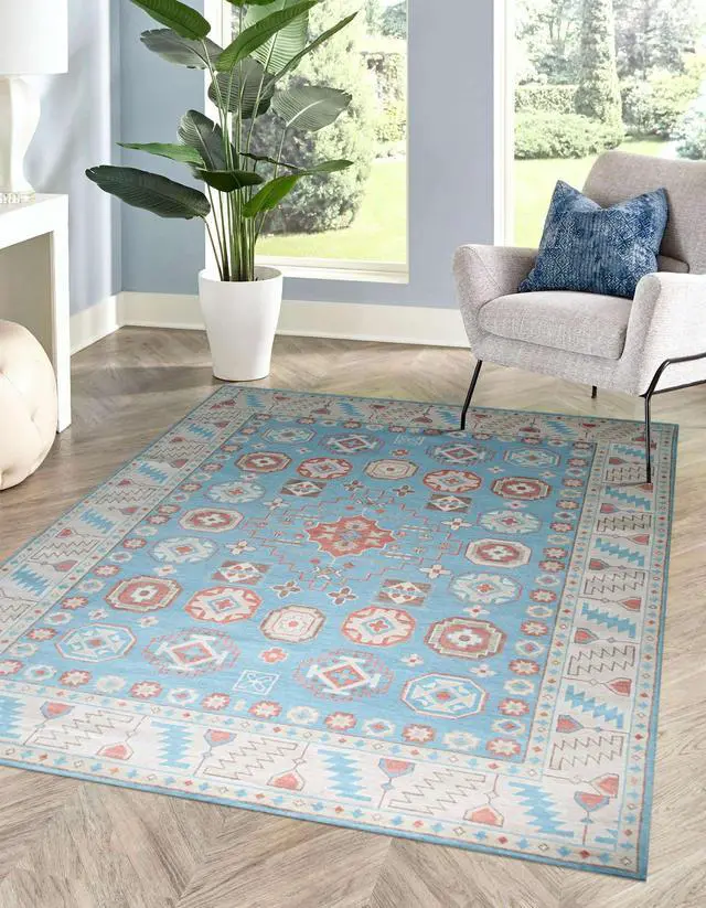 Main image of Light Blue Classic Traditional Geometric Area Rug, Made in India
