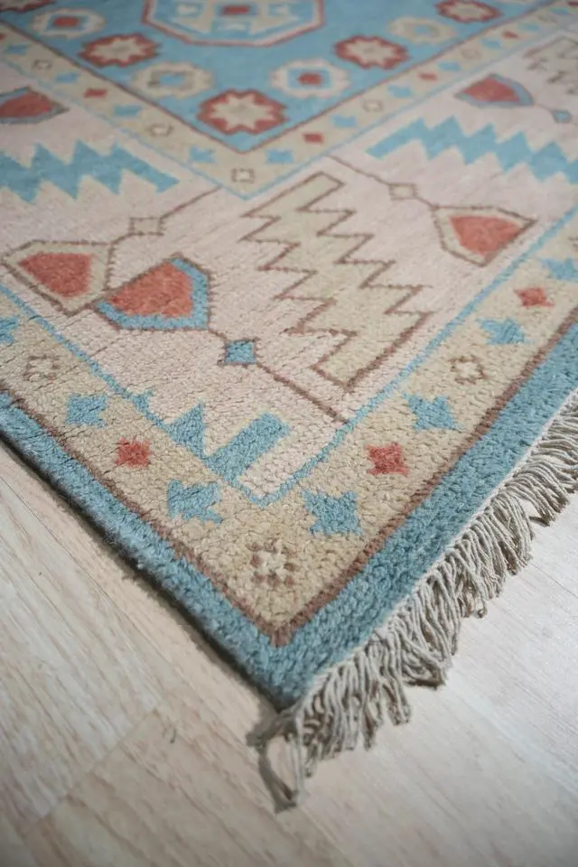 Alt view image 5 of 7 - Light Blue Classic Traditional Geometric Area Rug, Made in India