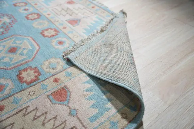 Alt view image 6 of 7 - Light Blue Classic Traditional Geometric Area Rug, Made in India