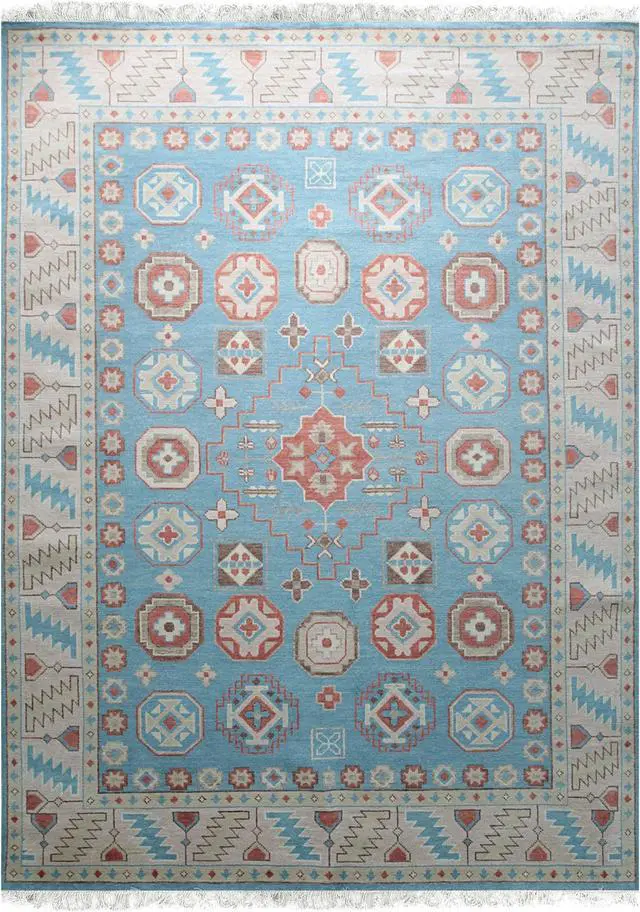 Alt view image 7 of 7 - Light Blue Classic Traditional Geometric Area Rug, Made in India
