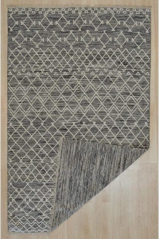 Alt view image 3 of 5 - Handwoven Wool Black Contemporary Geometric Punja Kilim Rug, Made in India