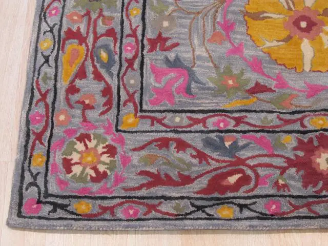 Alt view image 3 of 4 - Hand-Tufted Wool Blue Traditional Floral Suzani Rug, Made in India