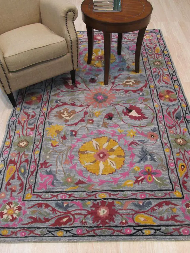 Main image of Hand-Tufted Wool Blue Traditional Floral Suzani Rug, Made in India