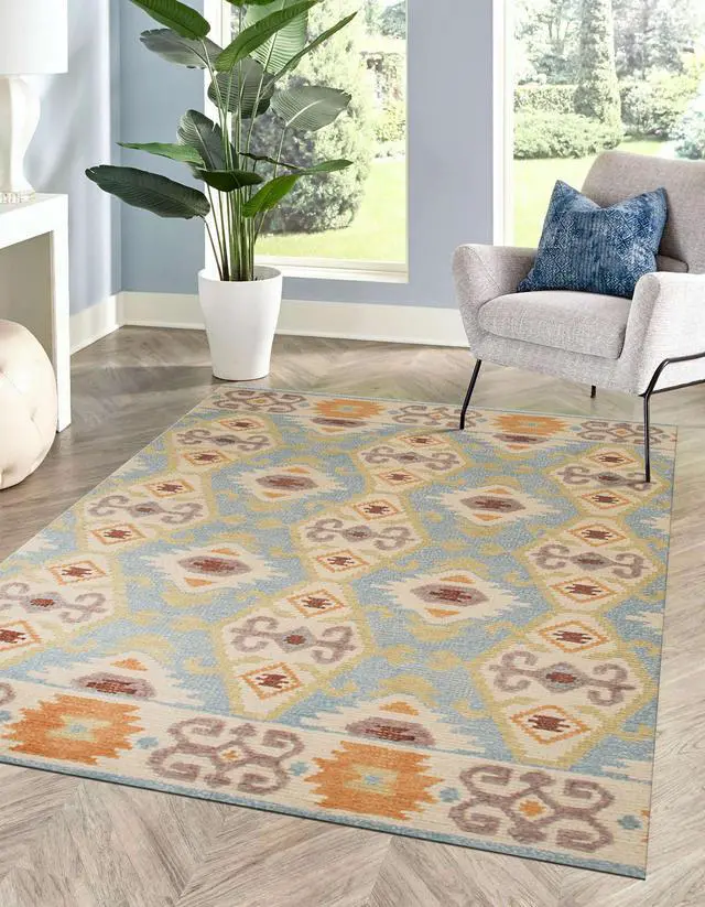 Main image of Hand Knotted Wool LT BLUE Traditional Floral Piled Kilim Rug, Made in India