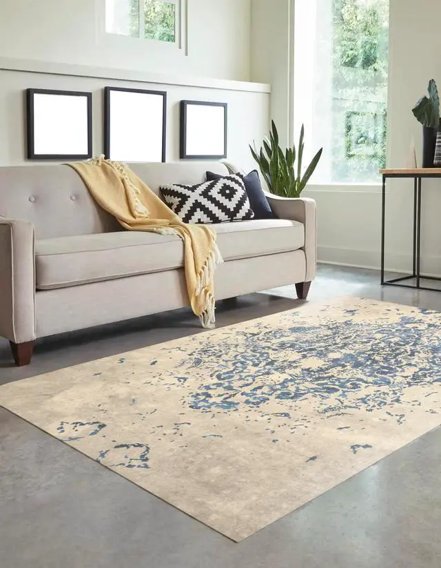 Main image of EORC FL15BL4X6 Machine-made Polyester Distressed Bohemian Moderno Medallion Rug, 4' 4 x 6' 3, Blue