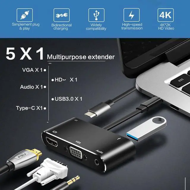 Alt view image 5 of 5 - USB C HDMI-compatible hub Type C to VGA Thunderbolt 3 Dock for MacBook Samsung S9/S8 Huawei Mate 20 P20 Pro USB-C HD VGA HUBLength: Other (10CM)
Color: Red (5 in 1 hub grey)
