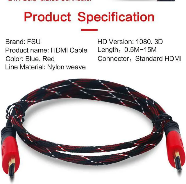 Alt view image 2 of 6 - HDMI-compatible Cable Gold Plated Connection with Red, black and white mesh 1080P,0.5m,1m,1.5m,2m,3m,5m,8m,10m,22mLength: 10m
Color: Blue (blue)