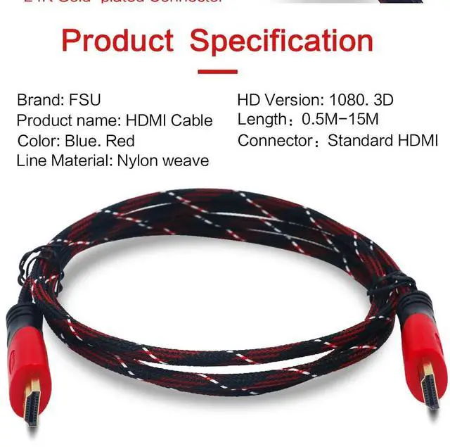 Alt view image 2 of 6 - HDMI-compatible Cable Gold Plated Connection with Red, black and white mesh 1080P,0.5m,1m,1.5m,2m,3m,5m,8m,10m,40mLength: 5m
Color: Red (red)