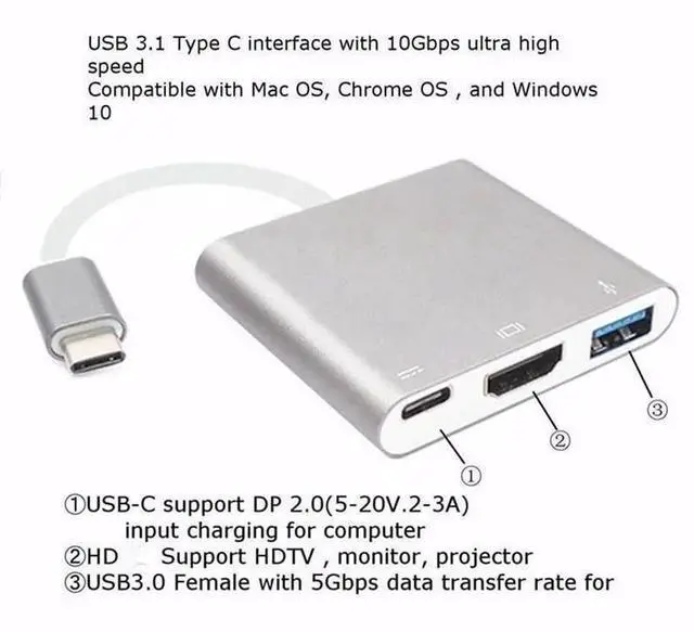 Alt view image 5 of 6 - Muti-Ports USB 3.1 Type C To HDMI-compatible USB 3.1 HUB USB-C multi-port Adapter Dongle Dock Cable for Macbook ProLength: 20cm
Color:Other(usb c hub Silver)
