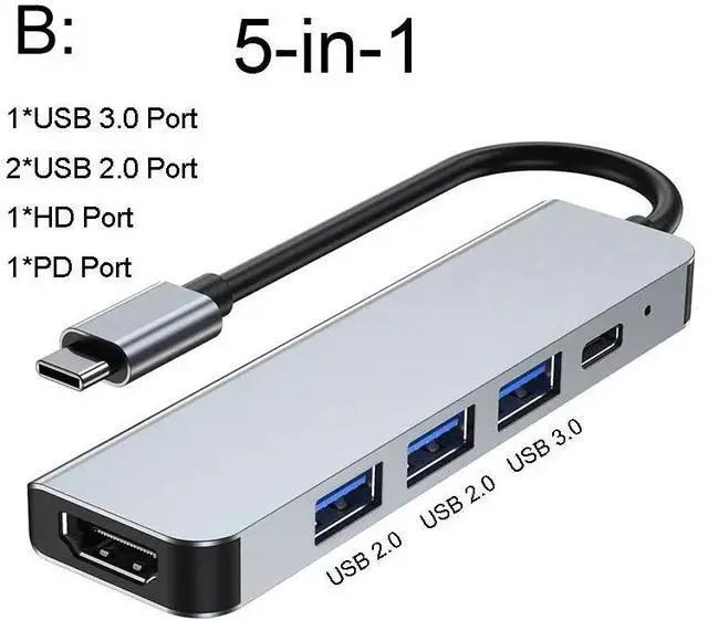 Main image of Type C hub USB C to 4K HDMI-Compatible Adapter with 100W PD Fast Charging USB 3.2 Ports for Laptops Surface Pro MacBook Air ProColor: Black (5 in 1 hub)