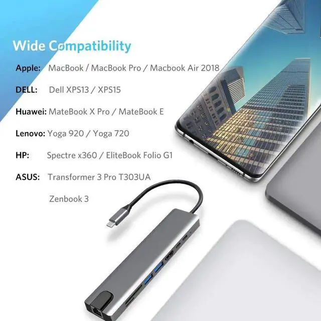 Alt view image 5 of 6 - USB C HUB Type C Switch HDMI-compatible RJ45 USB 3.0 Port SD/TF Card Reader Power Delivery for MacBook Pro 3.3 Dock SplitterColor: Black (3 in 1 HUB)