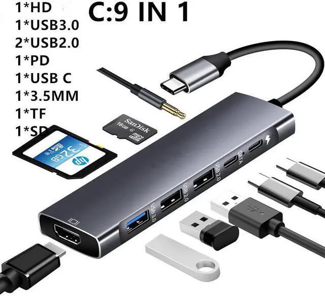 Main image of USB C Hub To HDMI-compatible Adapter OTG Thunderbolt 3 To Usb3.0 3.5mm Dock with PD TF SD for Macbook Pro/Air M1 Galaxy S21 S22Color: White (9 in 1 mode C)
