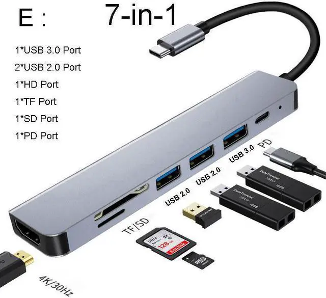 Main image of USB C Hub To HDMI-compatible Adapter OTG Thunderbolt 3 To Usb3.0 3.5mm Dock with PD TF SD for Macbook Pro/Air M1 Galaxy S21 S23Color: Red (7 in 1 mode E)
