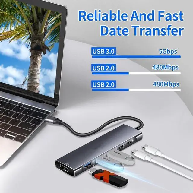 Alt view image 3 of 6 - USB C Hub To HDMI-compatible Adapter OTG Thunderbolt 3 To Usb3.0 3.5mm Dock with PD TF SD for Macbook Pro/Air M1 Galaxy S21 S23Color: Red (7 in 1 mode E)