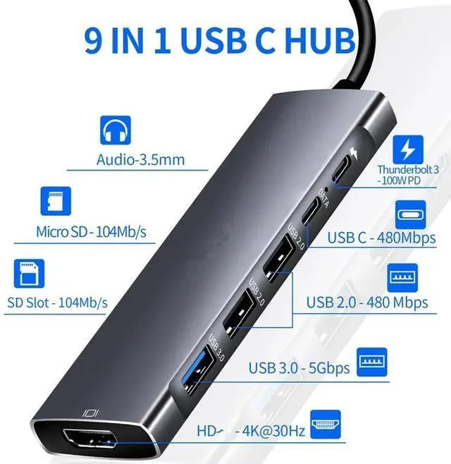 Alt view image 2 of 6 - USB C Hub To HDMI-compatible Adapter OTG Thunderbolt 3 To Usb3.0 3.5mm Dock with PD TF SD for Macbook Pro/Air M1 Galaxy S21 S25Color: Blue (10 in 1 mode G)