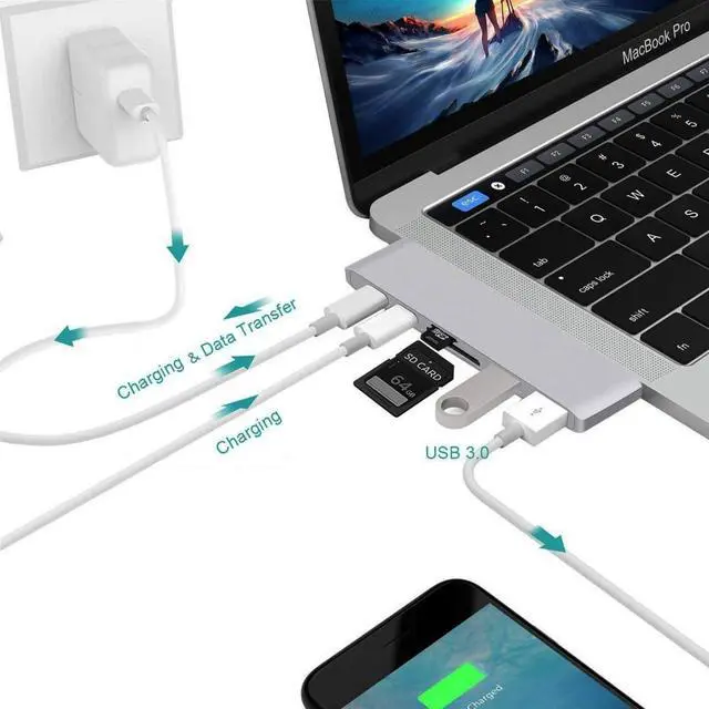 Alt view image 5 of 6 - USB C HUB Type C Thunderbolt 3USB-C Adapter Dongle Combo with USB 3.3 Ports TF Slot Micro SD Card For MacBook ProColor: Red (6 in 1 hub silver)
