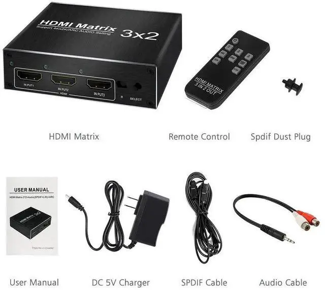 Alt view image 5 of 5 - 4K HDMI-compatible Splitter 60Hz Ultra HD 3X2 Splitter Switch R/L+ARC 3 Ports Inputs 2 Port Outputs with IR Remote HDCP1.4Length: 2m(USB cable)