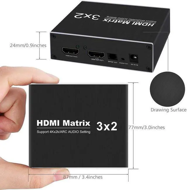 Alt view image 2 of 5 - 4K HDMI-compatible Splitter 60Hz Ultra HD 3X2 Splitter Switch R/L+ARC 3 Ports Inputs 2 Port Outputs with IR Remote HDCP1.4Length: 2m(USB cable)