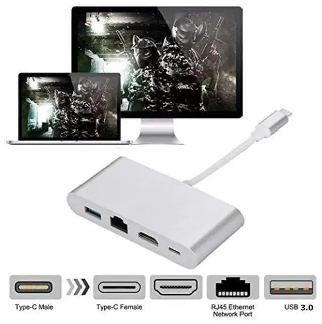 Alt view image 2 of 6 - Type C Thunderbolt 3 to HDMI-compatible Lan Ethernet Adapter USB-C PD USB 3.0 Hub for MacBook Galaxy S8 Huawei Mate10Length: <=0.5m (0.5m and below)
Color: Other (4 in 1 hub)