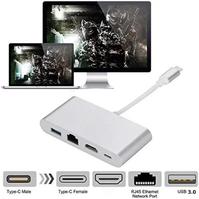 Alt view image 2 of 6 - Type C Thunderbolt 3 to HDMI-compatible Lan Ethernet Adapter USB-C PD USB 3.0 Hub for MacBook Galaxy S8 Huawei Mate12Length: <=0.5m (0.5m and below)
Color: White (3 in 1 hub)