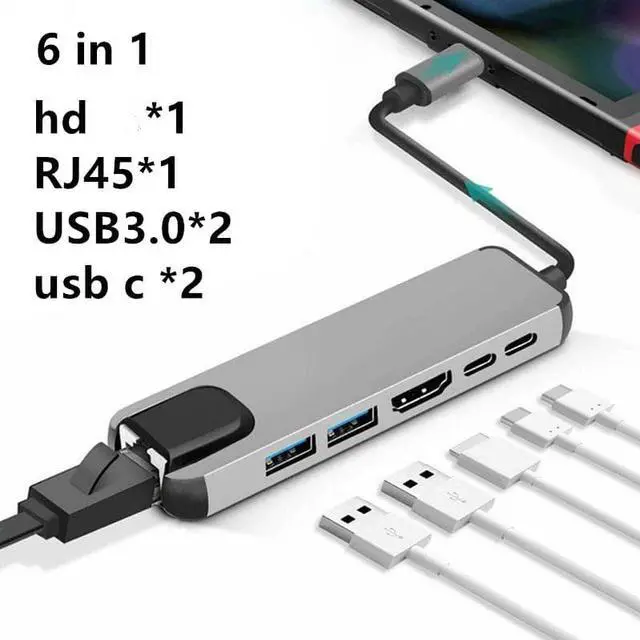 Alt view image 6 of 6 - USB C HUB Docking Converter USB 3.0 4K HDMI-compatible Type-C 100W PD Charging Adapter RJ49 Multi USB Station For MacBook ProColor: Red (6 in 1 hub)