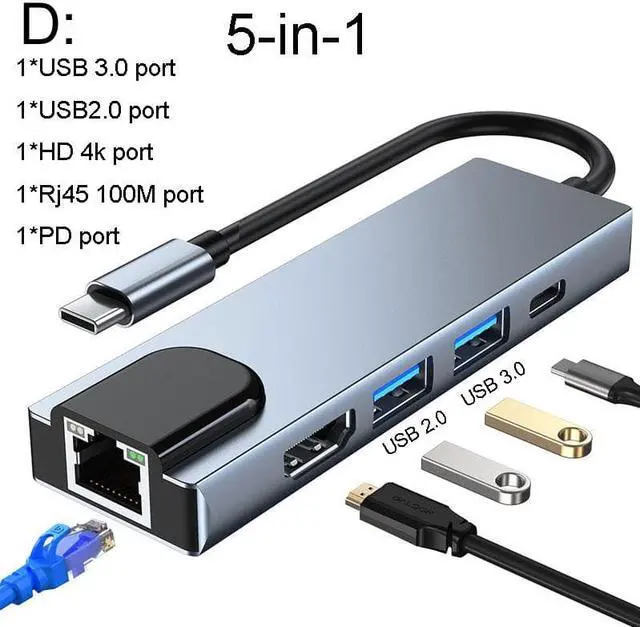 Alt view image 5 of 6 - USB C HUB Docking Converter USB 3.0 4K HDMI-compatible Type-C 100W PD Charging Adapter RJ49 Multi USB Station For MacBook ProColor: Red (6 in 1 hub)