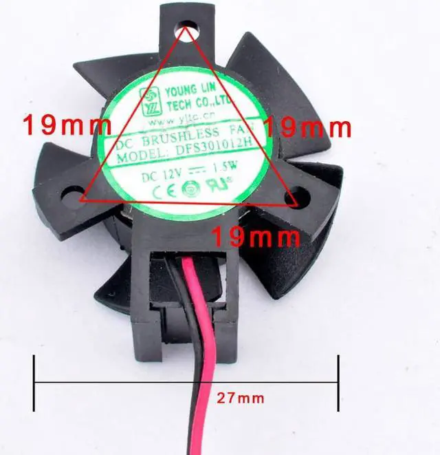 Alt view image 4 of 5 - DFS301012H DC12V 1.5W Diameter 27mm hole pitch 19x19x19mm 2 wires cooling fan for soft router heat sink aluminum LED car lights