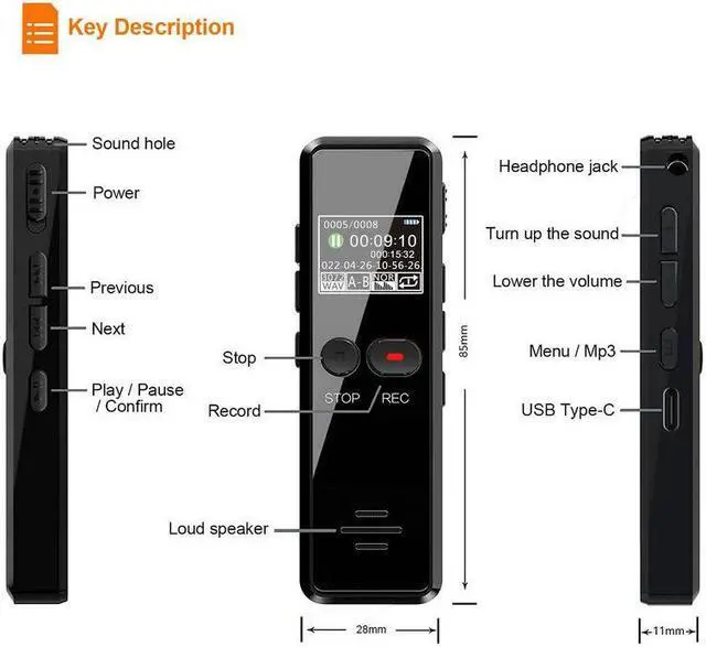 Alt view image 2 of 6 - Digital Voice Recorder Pen Portable USB MP3 Playback Mini Voice Recording for Lectures Meetings Classes Capacity: 8GB Color: Black