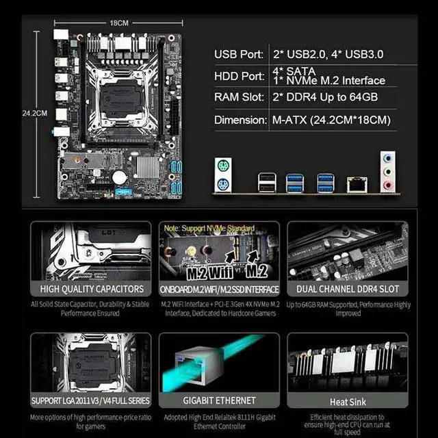 Alt view image 5 of 5 - X99-GT Motherboard X99 LGA 2011-3/4 Dual Channels Support 2X32G  DDR4 for E5 2678V3/2620V3/2650V3/V4 Processors