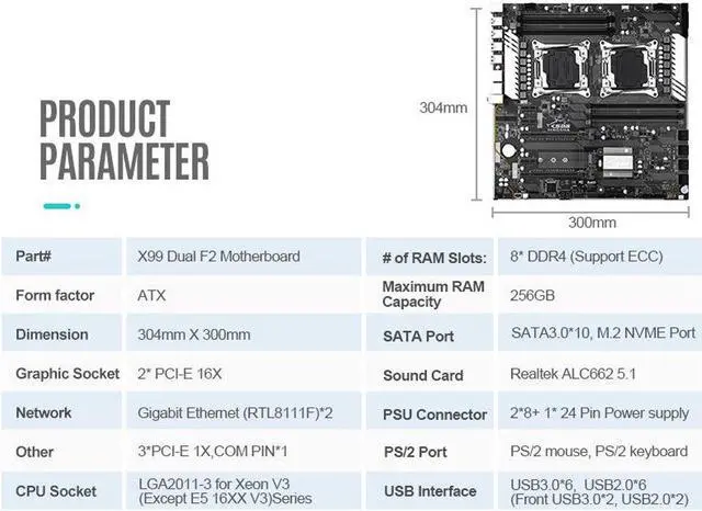 Alt view image 3 of 4 - X99 Dual F2 Combo Motherboard with E5 2666 V3 DDR4 64GB 2400mhz USB3.0 M.2 NVME E-ATX Server Mainboard Set
