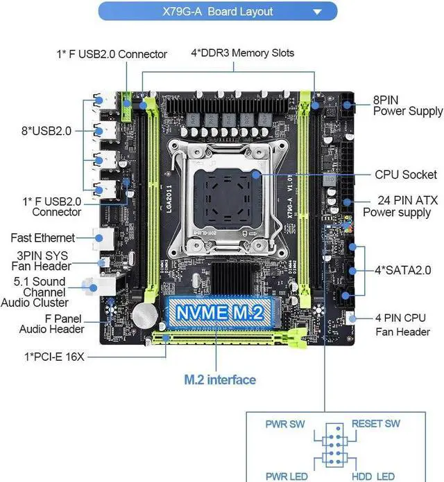 Alt view image 5 of 5 - X79 G A Motherboard M-ATX LGA 2011 Support Dual Channels DDR3 NVME M.2 Placa Mae for XEON E5 V1 V2 CPU