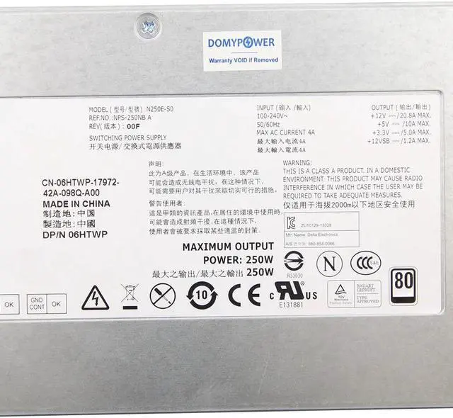 Alt view image 4 of 5 - for D-ell R210 R220 250W Power Supply L250E-S0 N250E-S0 V38RM C627N NPS-250NB A 6HTWP Psu