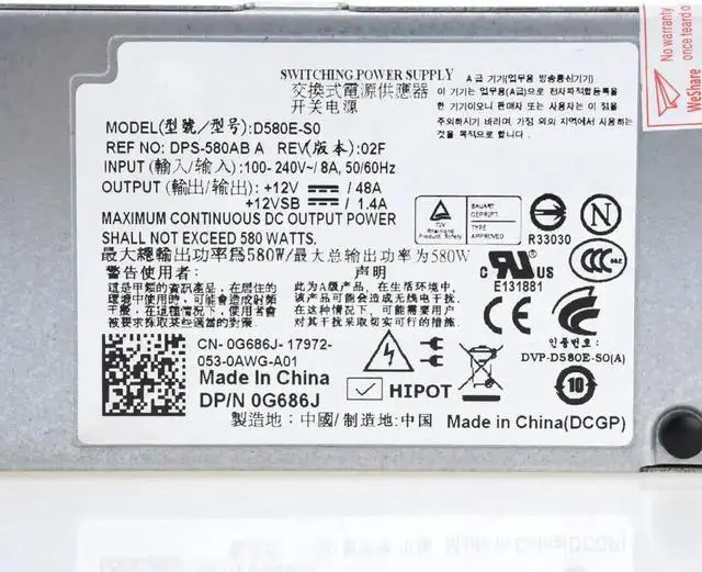 Alt view image 6 of 6 - 580W Server Power Supply for D-ELL T410  F5XMD H371J G686J  A580E-S0 D580E-S0 PSU Psu
