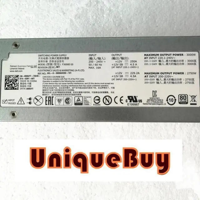 Alt view image 2 of 3 - For D-ELL M1000E Server Power Supply 3000W F3000E-S0 E3000E-S0 0RR4YT Psu