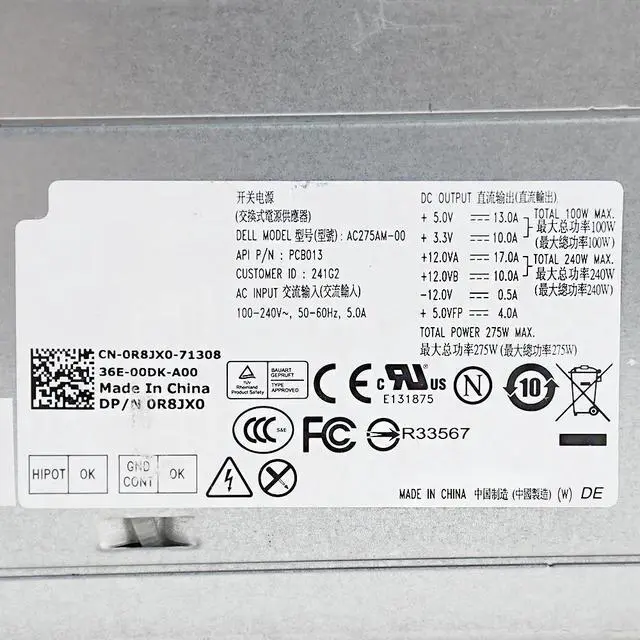 Alt view image 2 of 6 - For D-ELL OptiPlex 390 790 990 3010 7010 9010MT Power Supply 275W AC275AM-00 0R8JX0 Psu