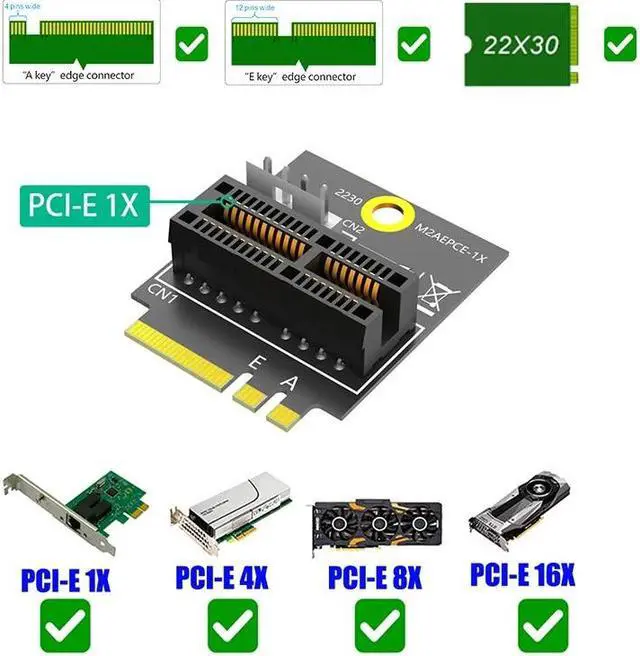 Alt view image 4 of 6 - 2230 M.2 Key A+E to PCIE X1 Adapter Card PCI Express PCI-E 1X Slot to M2 NGFF Key A/A+E/E Converter Riser Card 4Pin Power Supply
