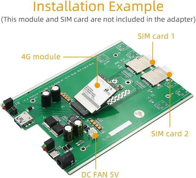 Alt view image 4 of 6 - M.2 Network Adpater NGFF M.2 4G/5G Module to USB 3.0 Adapter with Dual SIM Card Slots Cooler Fan DC 5-12V Type-C Auxiliary Power