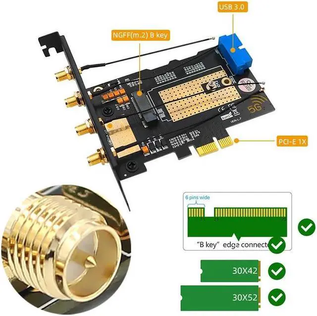 Alt view image 5 of 6 - M.2 Wifi Module to PCIE X1 / USB 3.0 Expansion Card 4 Antennas NANO SIM Slot NGFF B Key for 30x42/52 3G 4G 5G M2 Wireless Module