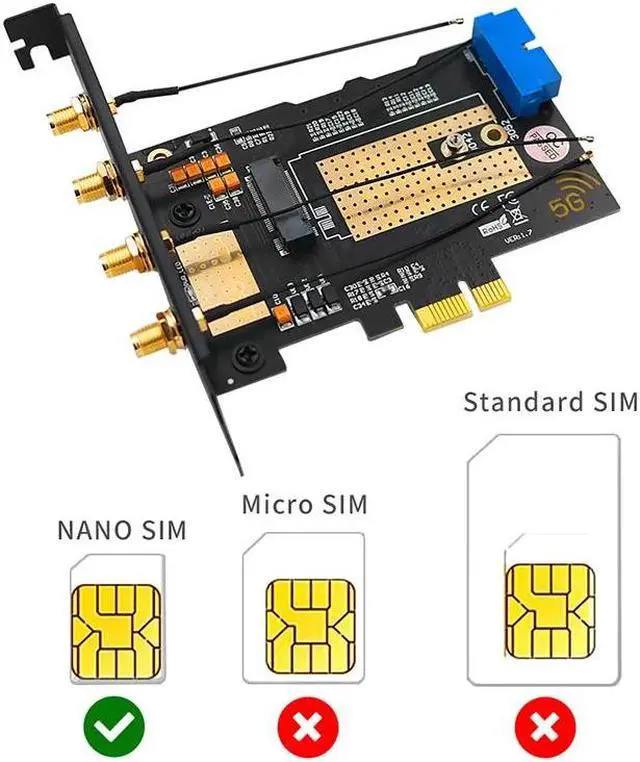 Alt view image 3 of 6 - M.2 Wifi Module to PCIE X1 / USB 3.0 Expansion Card 4 Antennas NANO SIM Slot NGFF B Key for 30x42/52 3G 4G 5G M2 Wireless Module