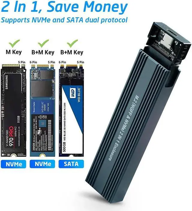 Alt view image 4 of 7 - M2 SSD Case NVME Enclosure M.2 to USB 3.1 SSD Adapter with OTG for NVME PCIE NGFF SATA M/B Key 2230/2242/2260/2280 Dual Protocol