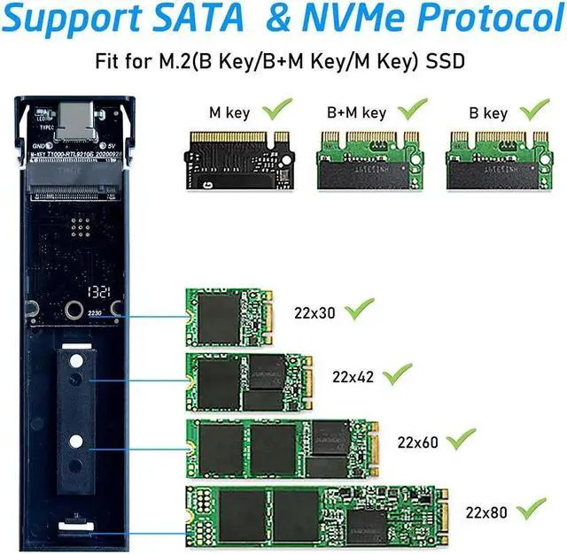 Alt view image 5 of 7 - M2 SSD Case NVME Enclosure M.2 to USB 3.1 SSD Adapter with OTG for NVME PCIE NGFF SATA M/B Key 2230/2242/2260/2280 Dual Protocol