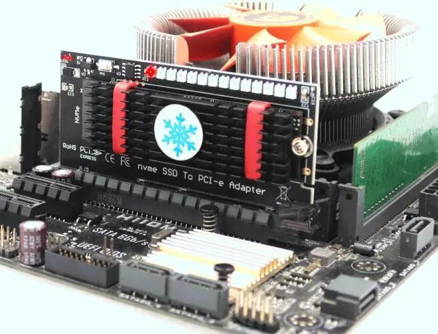 Alt view image 6 of 6 - NVMe PCIe M.2 NGFF SSD to PCI Express X4 X8 X16 Adapter Riser PCIe to M2 Add On Cards Black Heatsink Marquee LED for Chia Mining