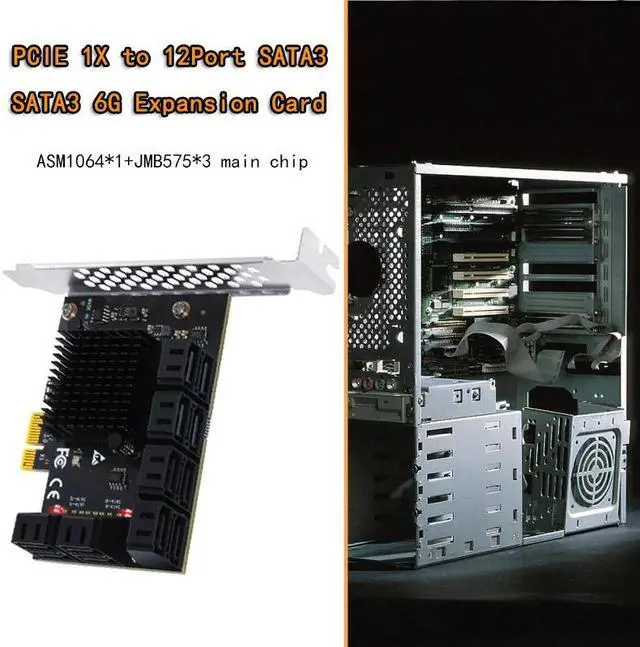 Alt view image 6 of 6 - PCIE to SATA Expansion Card Adapter PCI E PCI Express 3.0 1X 12 Port SATA3 Multiplier Controller SATA 3 HDD SSD Riser for Mining