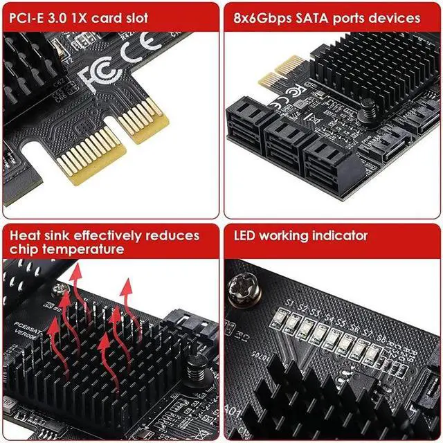Alt view image 3 of 6 - PCIe to 8 Port SATA Expansion Card SATA3 3 6Gb HDD SSD Adapter PCI E Express X1 Controller Extension Multiplier Riser for Mining