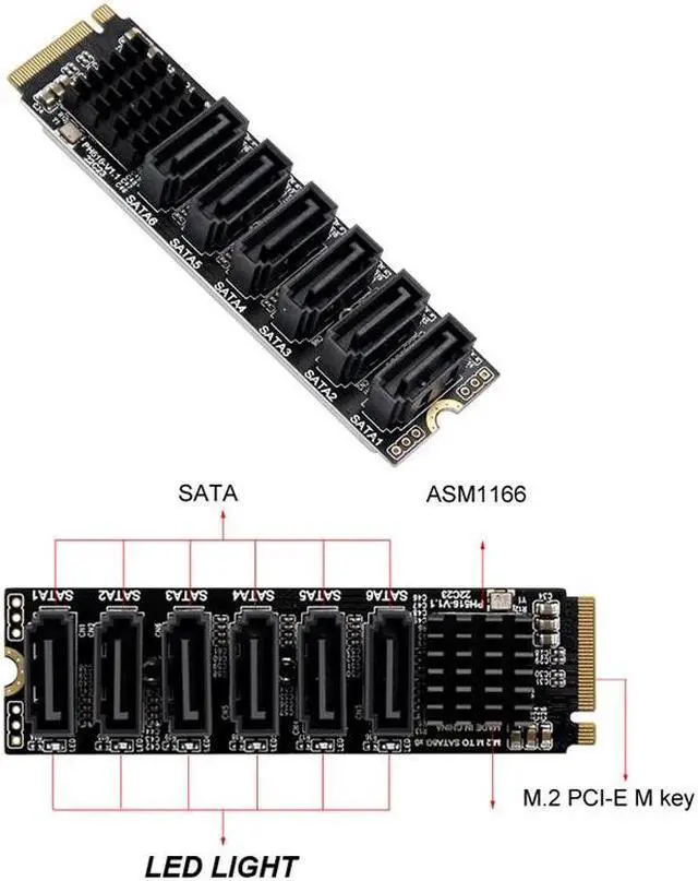 Alt view image 2 of 6 - NVME to SATA Expansion Card M.2 to SATA Adapter M2 Connector Internal SSD SATA 3 Port Multiplier NGFF M Key to SATA3 Controller