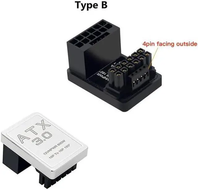 Main image of PCIe5.0 Graphics Card ATX3.0 Power Adapter 12VHPWR 12+4 16Pin 600W Power Supply Adapter Male To Female 180 Degree Turn Connector(Sliver TYPE B)