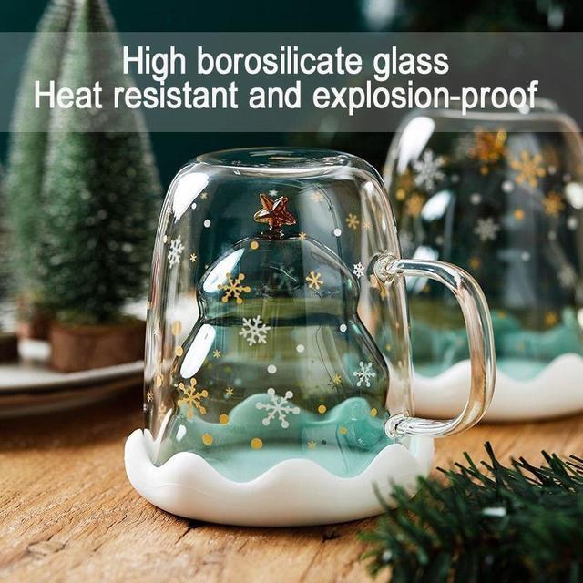 Christmas cup,Double Wall insulated Coffee mugs, 10 Ounces-Clear Glass with  Handle, glass cup with snowman cup cover(Blue Snowman)