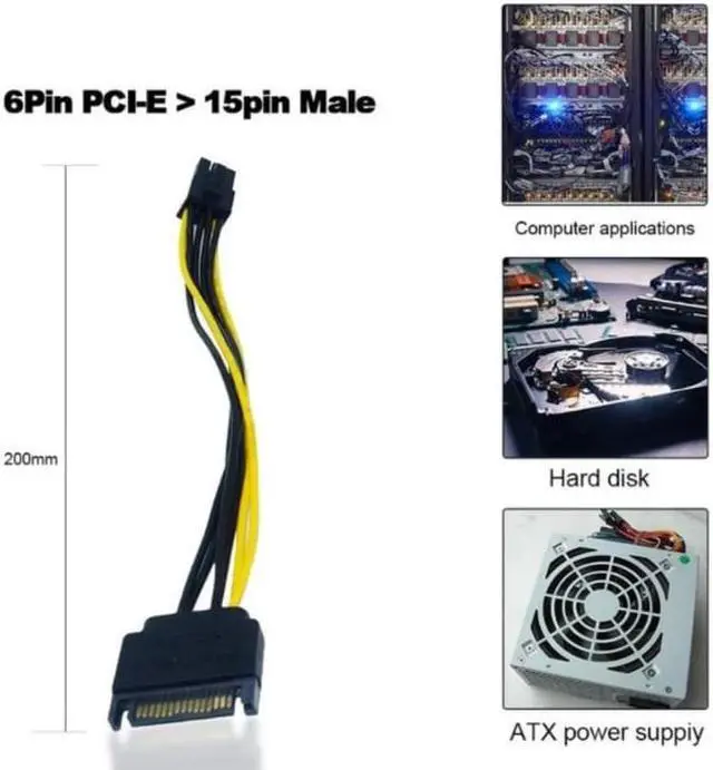 Alt view image 3 of 3 - Desktop computer power SATA power port 15p to 6p graphics card power cord 15 pin to 6 pin graphics card power cord